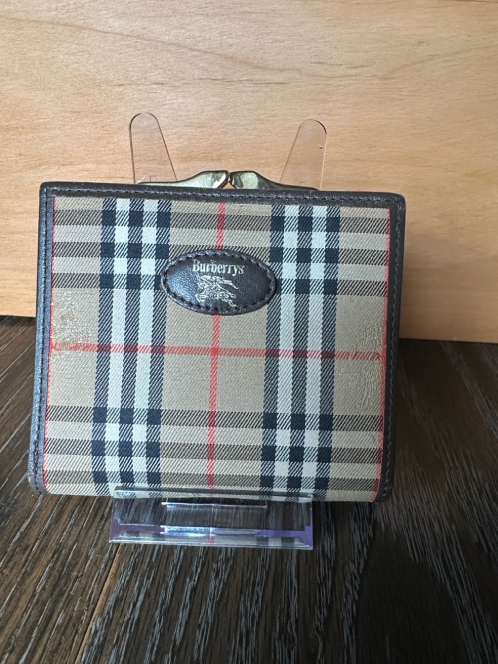 Burberrys Beige Plaid Coin Wallet with Red and Black Accents